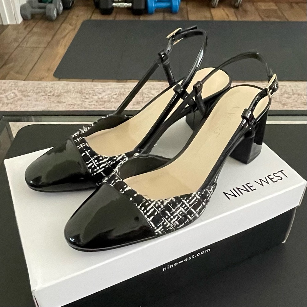 Nine West Black and White Slingbacks Block Heels